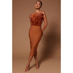 fashion nova NWT Feathered Bandage Midi Dress Bronze brown sexy body con dress M